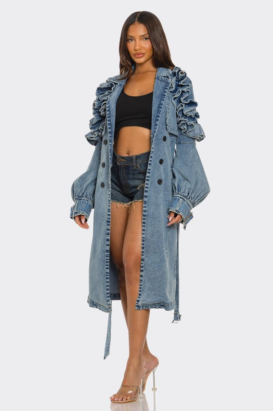 Plus Size -Ruffled Denim Trench Coat