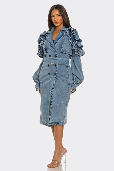 Plus Size -Ruffled Denim Trench Coat