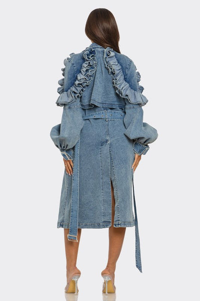 Plus Size -Ruffled Denim Trench Coat