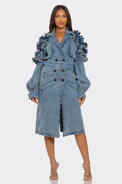 Plus Size -Ruffled Denim Trench Coat