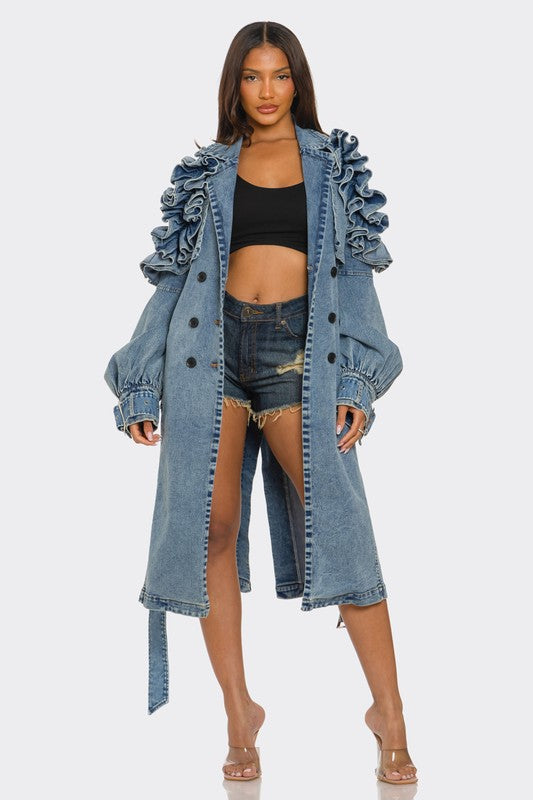 Plus Size -Ruffled Denim Trench Coat